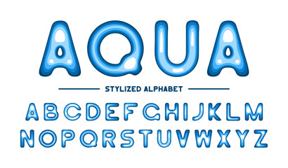 Aufkleber - Blue font with cartoon liquid design. Bold alphabet with uppercase letters in water style. Vector.