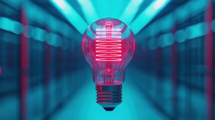 Poster - Retro neon light bulb glowing in futuristic hallway with vibrant blue and red ambient background