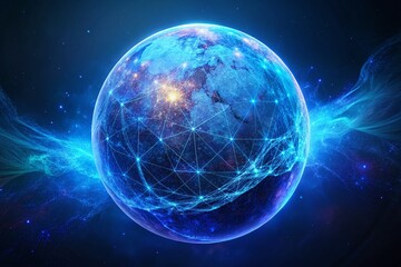 Poster - Surreal Blue Globe Network: Connected World Abstract Stock Photo