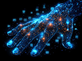 Poster - Digital hand reaching out, surrounded by glowing app icons.  Metaphor for connection, technology, and digital access.  Perfect for websites, tech articles, presentations, and social media.