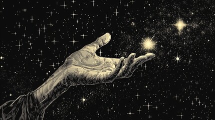 Wall Mural - black line art of a human hand reaching out to a star in the sky