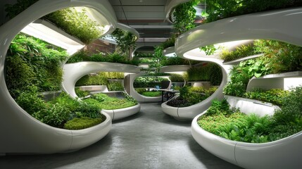 Poster - Modern 3D Rendering of Interior Office Space with Unique Vertical Gardening Concepts and Greenery