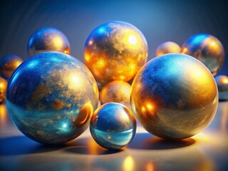 Poster - Tranquil Blue and Gold Luminescent Orbs: Calming Enchanting Ambient Stock Photo