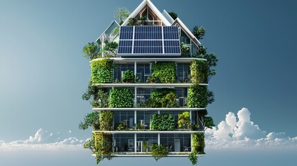 Poster - Futuristic 3D Render of a Green Office Building with Vertical Gardens and Solar Panels