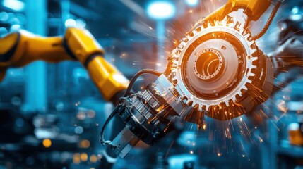 Poster - Modern Robotic Arm in Action, Manufacturing Components with Precision in a High-Tech Factory Environment