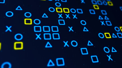 Poster - Blue and yellow glowing shapes matrix on a grid. Bokeh effect, horizontal composition. Technology background for graphic design.