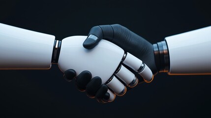 Poster - Futuristic Handshake Between Human-Like Robots Symbolizing Collaboration and Technological Advancement