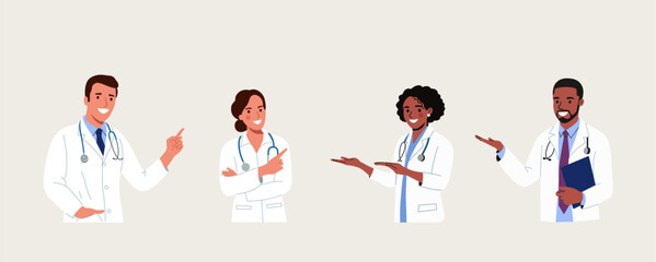  Doctor men and women point up at good deal and advices use this copy space.. Vector flat style cartoon illustrationce.. Vector flat style cartoon illustration