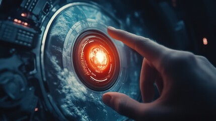Poster - Futuristic control panel, finger touch, global data, dark background