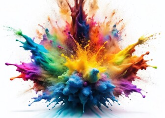 Poster - Vibrant Paint Explosion, Colorful Splashes, Isolated on White Background,  High-Resolution Stock Photo