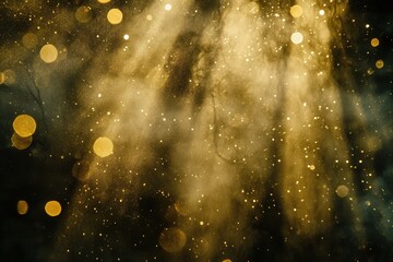 Poster - Ethereal golden dust and bokeh lights create a magical atmosphere for festive events and celebrations with a dark background and soft focus