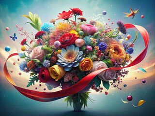 Wall Mural - vibrant surreal flower bouquet with red ribbon - isolated background for design projects