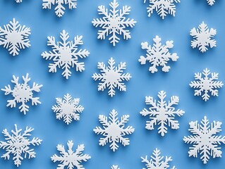Poster - Wintery Delight Snowflakes on Blue Background a Festive and Serene Scene Capturing the Essence of the Holiday Season in a Flat Lay Style