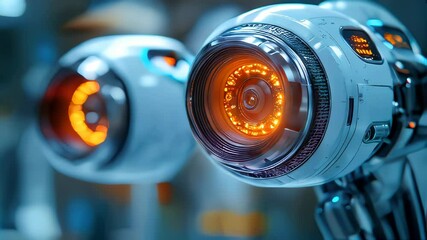 Poster - Robotic cameras with bright orange illumination in a high-tech lab. Advanced computer vision systems
