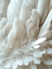 Poster - Elegant white feathers in soft light creating a serene and calming texture with a delicate and angelic mood close up view