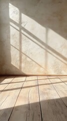 Poster - Sunlight Streaming Through Window Illuminating Rustic Wall and Wooden Floor Creating Warm Interior Ambiance