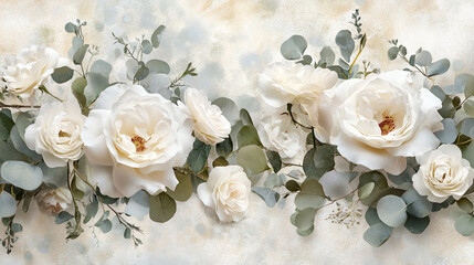 Poster - A soft, delicate composition of white roses and eucalyptus leaves, symbolizing purity, freshness, and elegance, with an artistic, calming background in pastel tones.