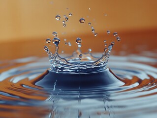 Poster - Captivating water drop collision creating a crown shape with ripples and a smooth orange background in a macro photography style