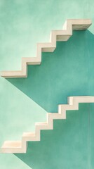 Poster - A modern staircase features angular steps on a mint green background, casting interesting shadows in the bright sunlight, creating a striking visual effect