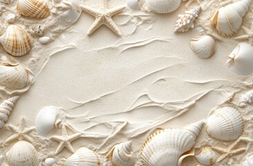 Poster - A frame of white sand with seashells and starfish, top view. The background is made up of natural sea waves on the beach, with space for your text or design.