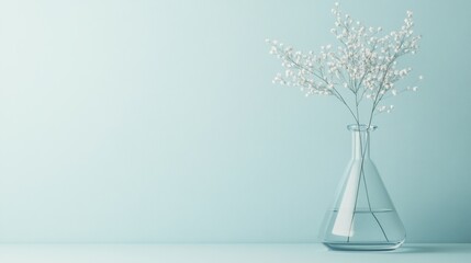Poster - Delicate white flowers are arranged in a clear glass vase, resting on a smooth surface against a pale blue backdrop, exuding simplicity and elegance