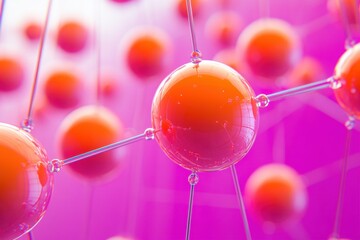 Poster - Abstract molecular structure with vibrant orange spheres and connecting rods against a pink backdrop scientific visualization for chemistry and biology research