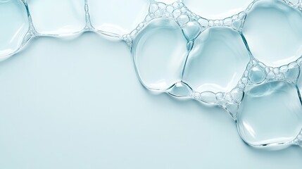 Poster - Clear soap bubbles form intricate patterns and reflections on a smooth, light surface, creating a tranquil and mesmerizing visual display