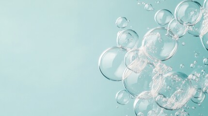 Poster - Bubbles float elegantly in a serene blue background, catching light and creating a tranquil atmosphere, evoking feelings of calm and freshness