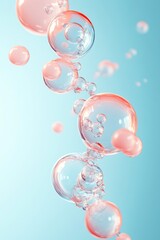 Poster - Vibrant pink and clear soap bubbles drift gracefully in the air, creating a playful display against a soothing light blue backdrop on a sunny afternoon