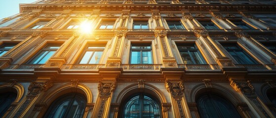 Poster - Ornate facade of a historical building with arched windows and intricate stonework bathed in golden sunlight creating a majestic and inspiring architectural view