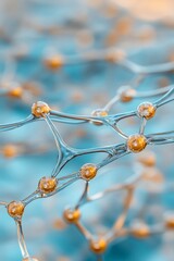 Poster - Close-up view of a molecular structure showcasing interconnected elements with orange highlights against a vibrant blue backdrop, creating a dynamic visual