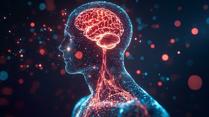 Poster - Transparent human figure with glowing central nervous system, stock image, ultrasharp, professional color grading, clear and minimalistic, solid background 