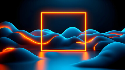 Poster - Neon square frame, blue waves, dark background