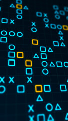 Poster - Blue and yellow glowing shapes matrix on a grid. Bokeh effect, vertical composition. Technology background for graphic design.
