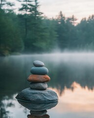 Poster - Serene stone cairn on misty lake at dawn evoking tranquility and balance with forest backdrop and soft light creating a calming zen atmosphere