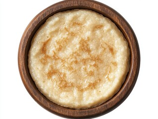 Poster - Rustic Wooden Bowl Holds a Warm Creamy Porridge Breakfast Delight Simple Food Presentation Overhead Shot Minimalist Style