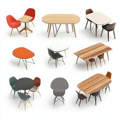 Poster - A collection of modern tables and chairs showcasing different designs, materials, and styles on a white background.