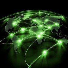 Poster - Global Network Connection: Green World Map with Glowing Nodes and Data Transmission Lines