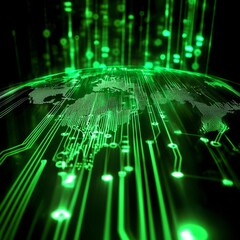 Poster - Green Digital World: Abstract Technology Network with Earth Map and Glowing Connections.