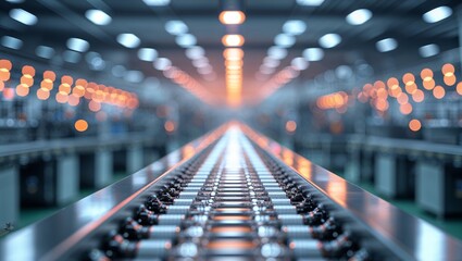 Poster - manufacturing facility showcasing an industrial conveyor belt illuminated by bright overhead lights 
