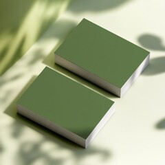 Poster - Minimalist Mockup Featuring Two Stacks of Green Business Cards with Soft Lighting and Leaf Shadows on a Light Surface.