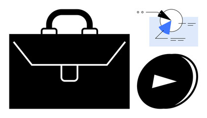Poster - black briefcase with handle, triangular chart in blue and white, and a play button suggest innovatio