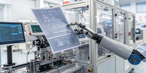 Poster - A robotic arm holds a blueprint in a high-tech manufacturing facility, showcasing automation and precision in production processes.