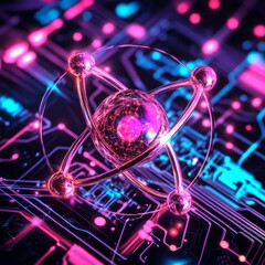 Fototapete - Quantum Computing Architecture: Abstract Atom Model on Circuit Board with Neon Glow Effect