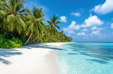 Aufkleber - A stunning view of the white sandy beach and clear blue ocean, with palm trees swaying gently on both sides. The sky is clear with fluffy clouds adding to its idyllic beauty. 