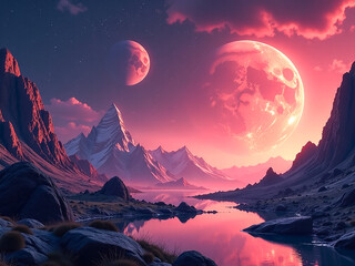 Wall Mural - sci-fi background. mountains moon planet, fantastic background for design, posters, posters, notebooks, puzzles.