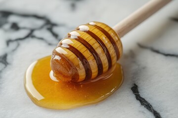 Poster - Golden honey dripping from wooden dipper on marble surface creating a sweet and natural food still life close up shot with soft lighting and shallow depth of field