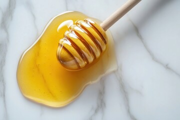 Poster - Golden Honey Drizzled from Wooden Dipper on White Marble Surface Capturing Natural Sweetness and Culinary Elegance in Bright Studio Light