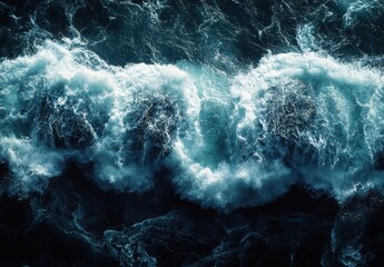 Poster - Aerial View of Turbulent Ocean Waves in Deep Blue Waters Displaying Powerful Natural Motion and Foam Patterns Under Bright Sunlight