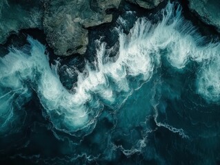 Poster - Aerial View of Turbulent Ocean Waves Crashing Against Rocky Shoreline in Dramatic Color Palette of Aquatic Blues and Whites in Natural Setting